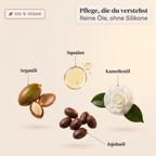 Inhaltsstoffe des Seloa Overnight Haaröls: Arganöl, Squalan, Kamelienöl und Jojobaöl – 100 % vegan