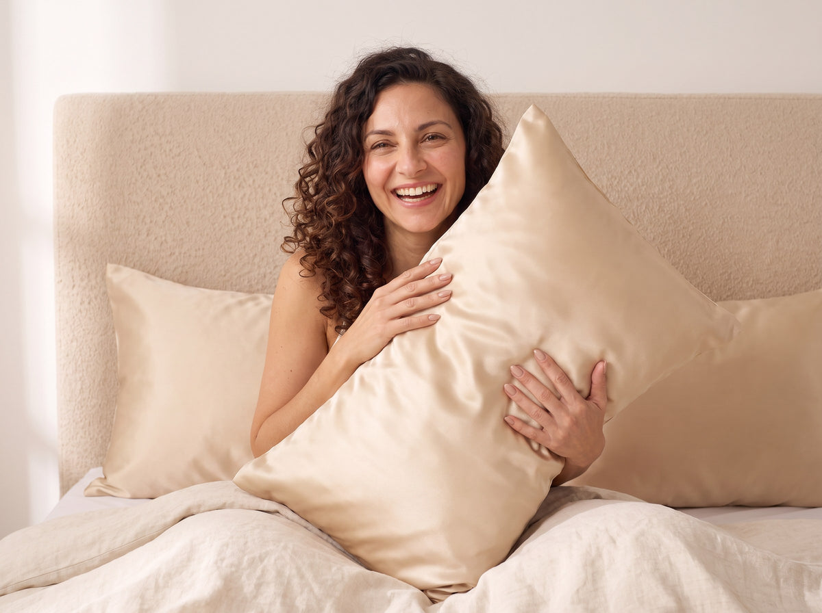 Frau mit Locken umarmt lachend ein champagnerfarbenes Seidenkissen im Bett
