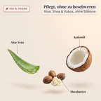 Inhaltsstoffe des Seloa Overnight Leave-ins: Aloe Vera, Kokosöl und Sheabutter – 100 % vegan