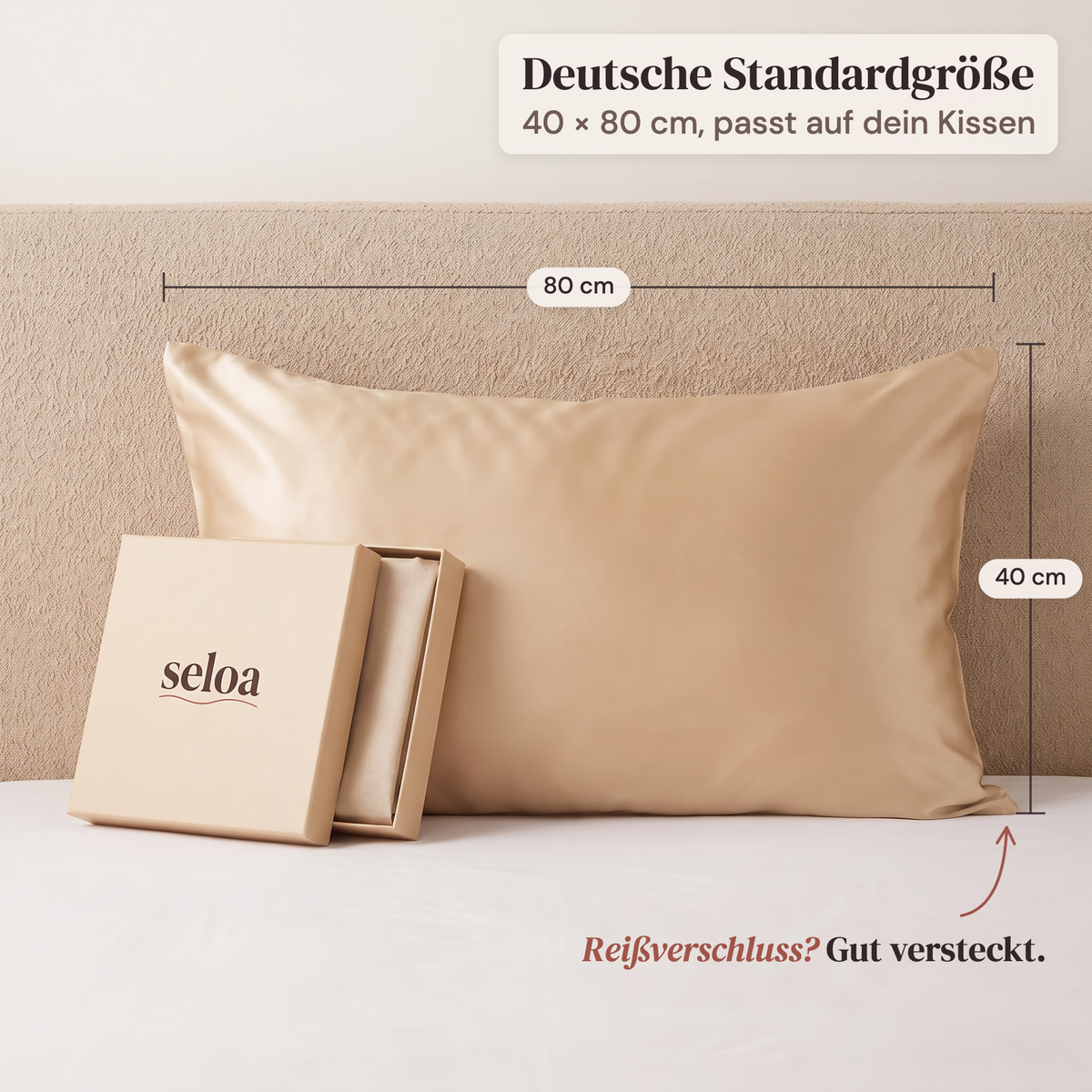 Kissenbezug aus echter Maulbeerseide in Champagner mit Seloa-Geschenkbox, 80 × 40 cm, deutsche Standardgröße